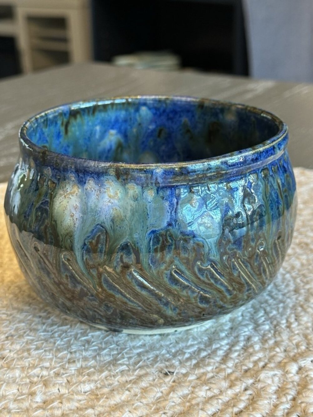 Art Pottery Drip Glaze Bowl Planter Earthy Blue Green Textured Signed 5" x 3.25"